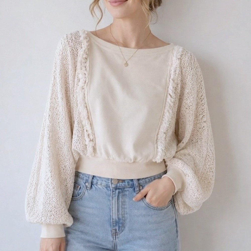 Free People Faff & Fringe Pullover S Cream Crochet Dolman Boho Cottagecore Soft